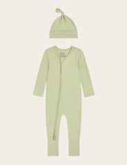 Set Giftbox - Baby Long Sleeve Romper & Knotted Beanie - Sage